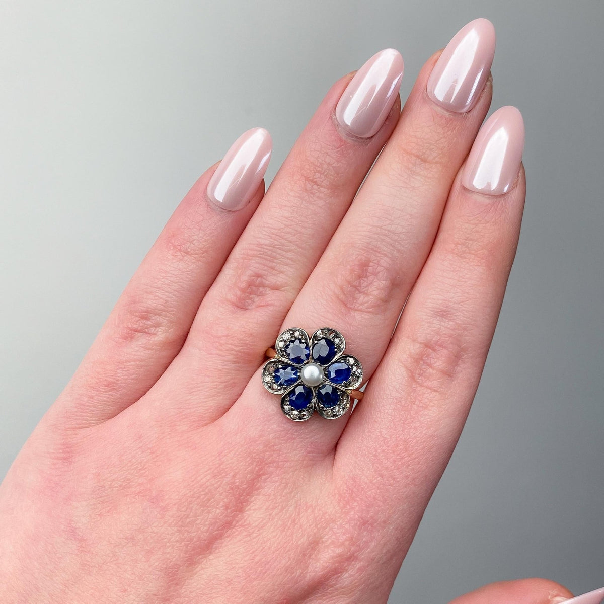 Vintage Sapphire and Diamond Flower Ring of Silver Topped 15ct Gold - Trademark Antiques