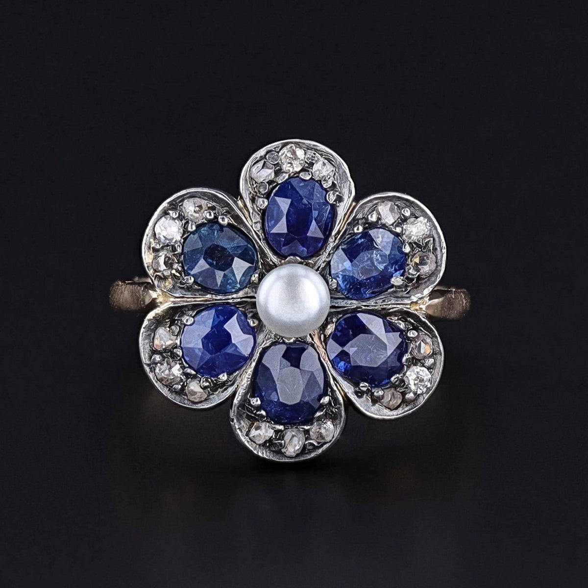 Vintage Sapphire and Diamond Flower Ring of Silver Topped 15ct Gold - Trademark Antiques