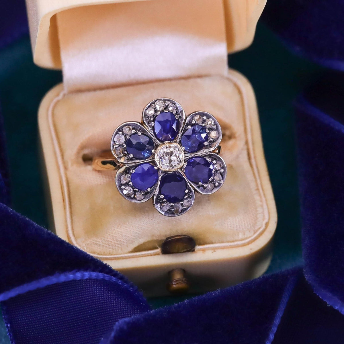 Vintage Sapphire and Diamond Flower Ring of Silver Topped 15ct Gold - Trademark Antiques