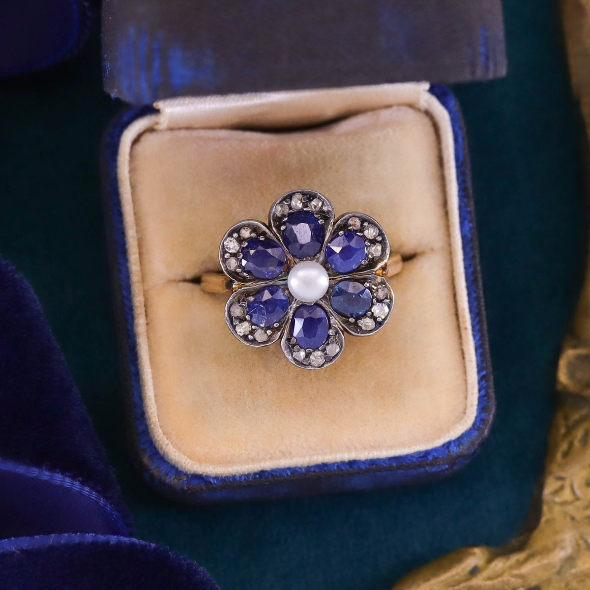 Vintage Sapphire and Diamond Flower Ring of Silver Topped 15ct Gold - Trademark Antiques