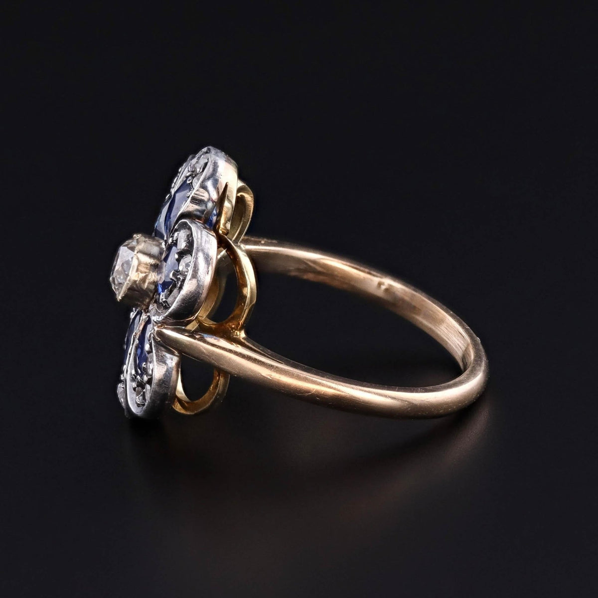 Vintage Sapphire and Diamond Flower Ring of Silver Topped 15ct Gold - Trademark Antiques