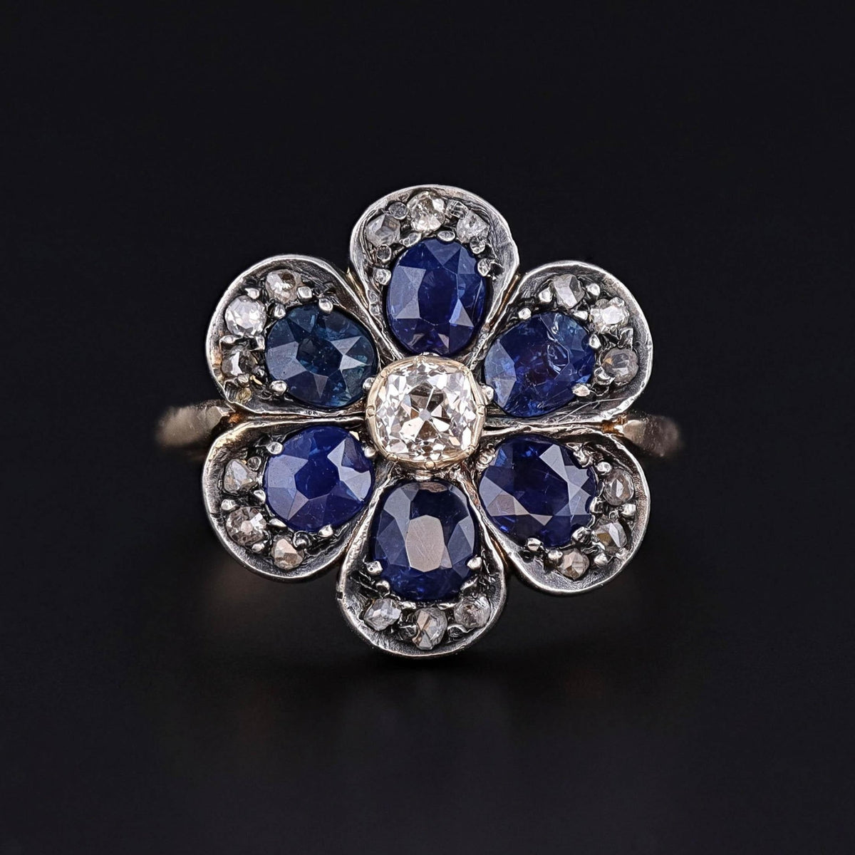 Vintage Sapphire and Diamond Flower Ring of Silver Topped 15ct Gold - Trademark Antiques