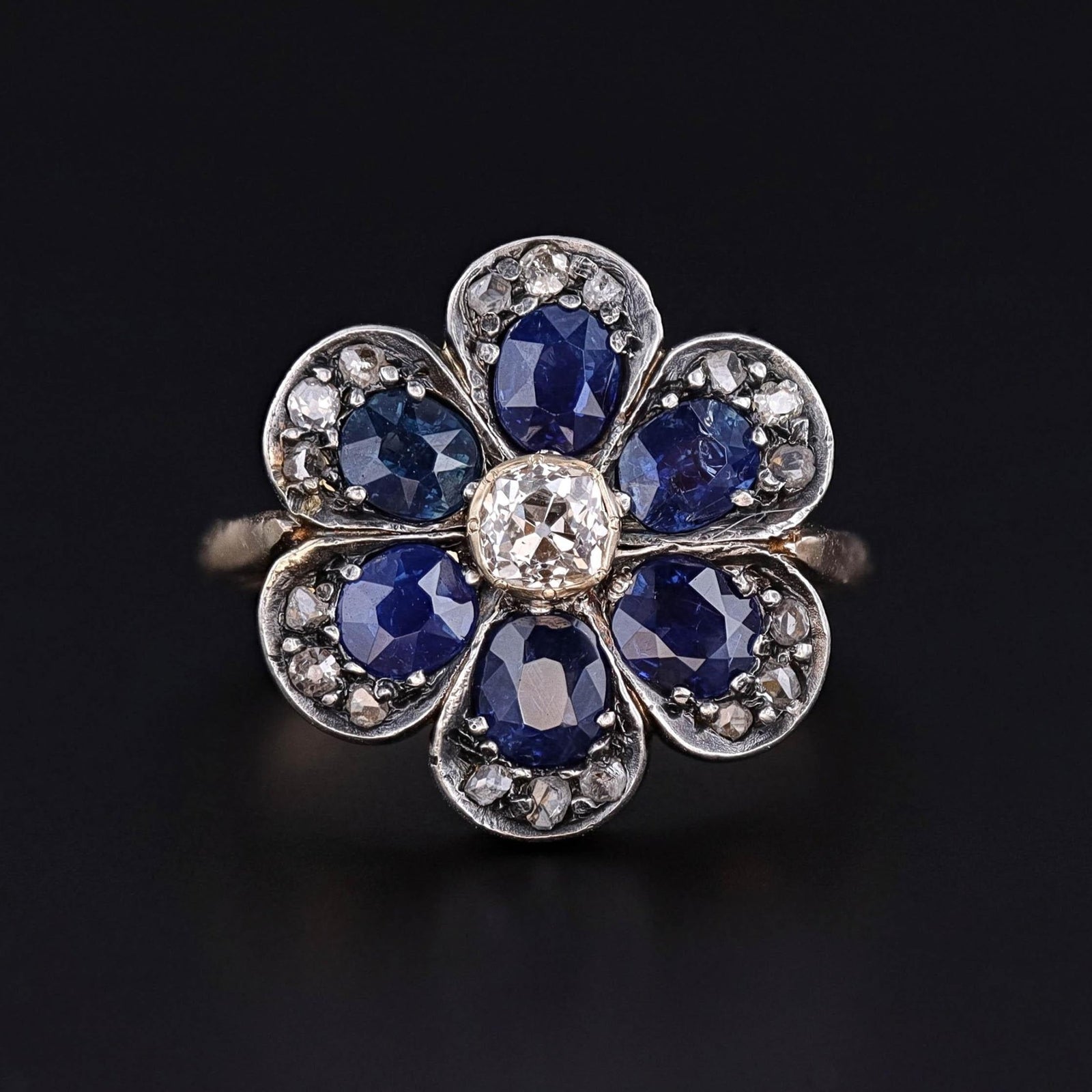 Vintage Sapphire and Diamond Flower Ring of Silver Topped 15ct Gold - Trademark Antiques