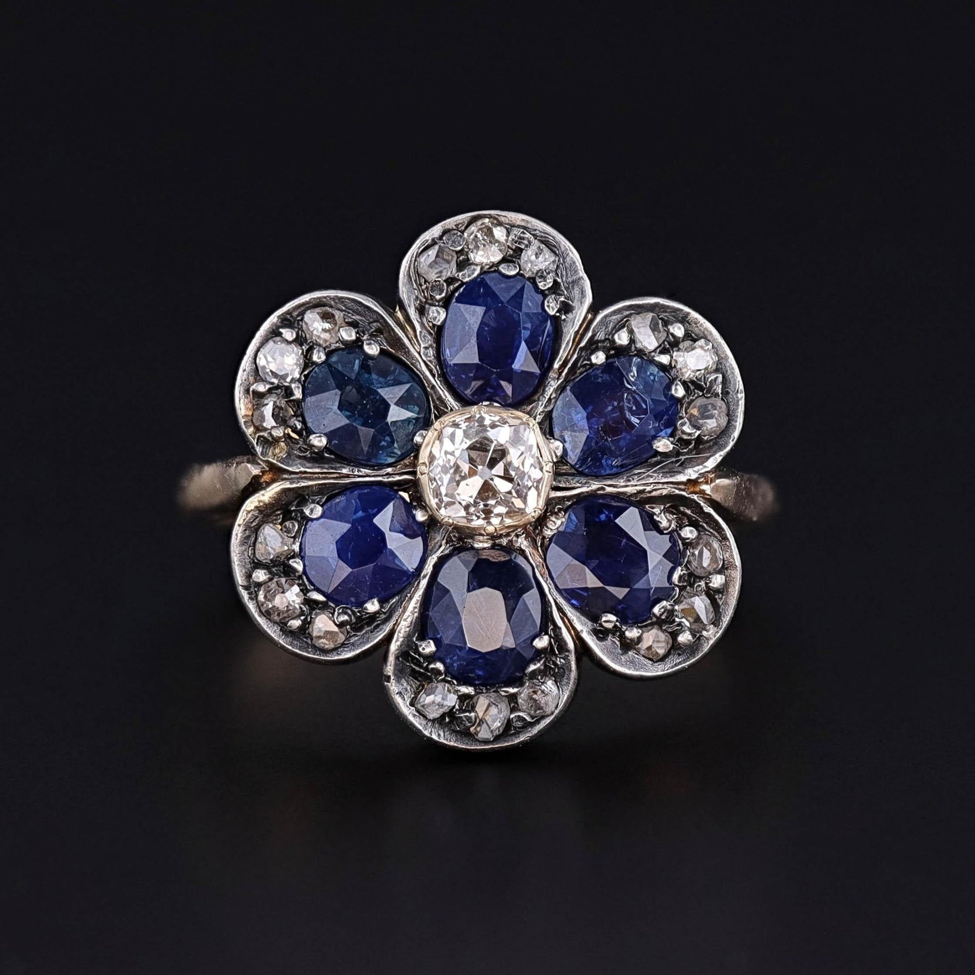 Vintage Sapphire and Diamond Flower Ring of Silver Topped 15ct Gold - Trademark Antiques