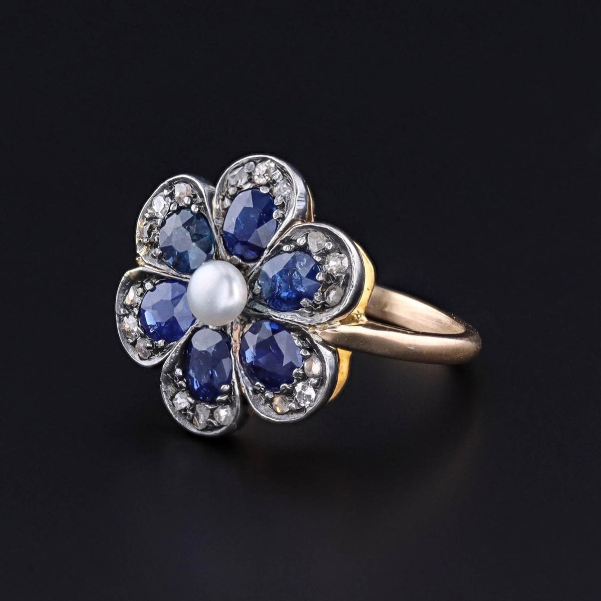 Vintage Sapphire and Diamond Flower Ring of Silver Topped 15ct Gold - Trademark Antiques