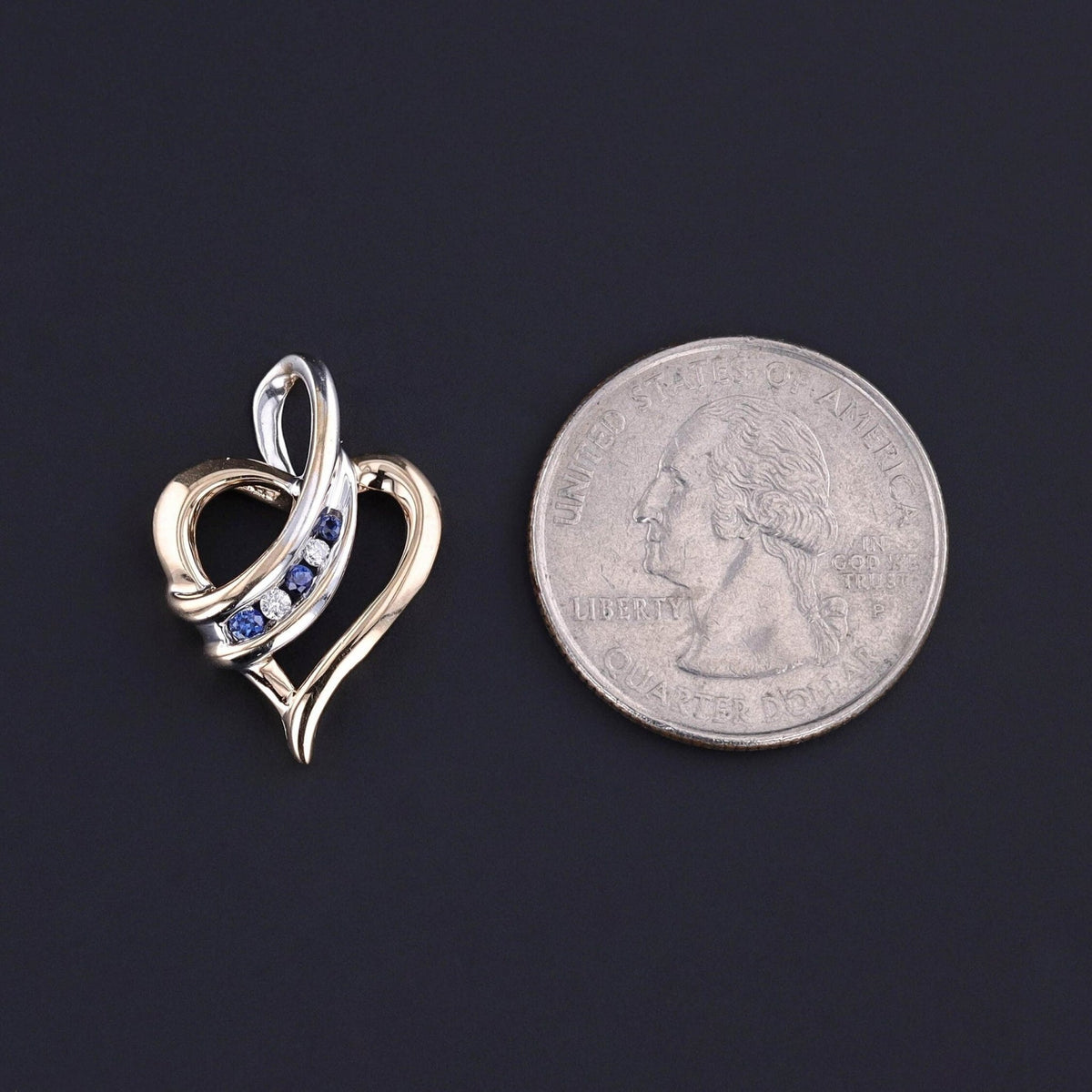Vintage Sapphire and Diamond Heart Pendant of 10k Yellow and White Gold - Trademark Antiques
