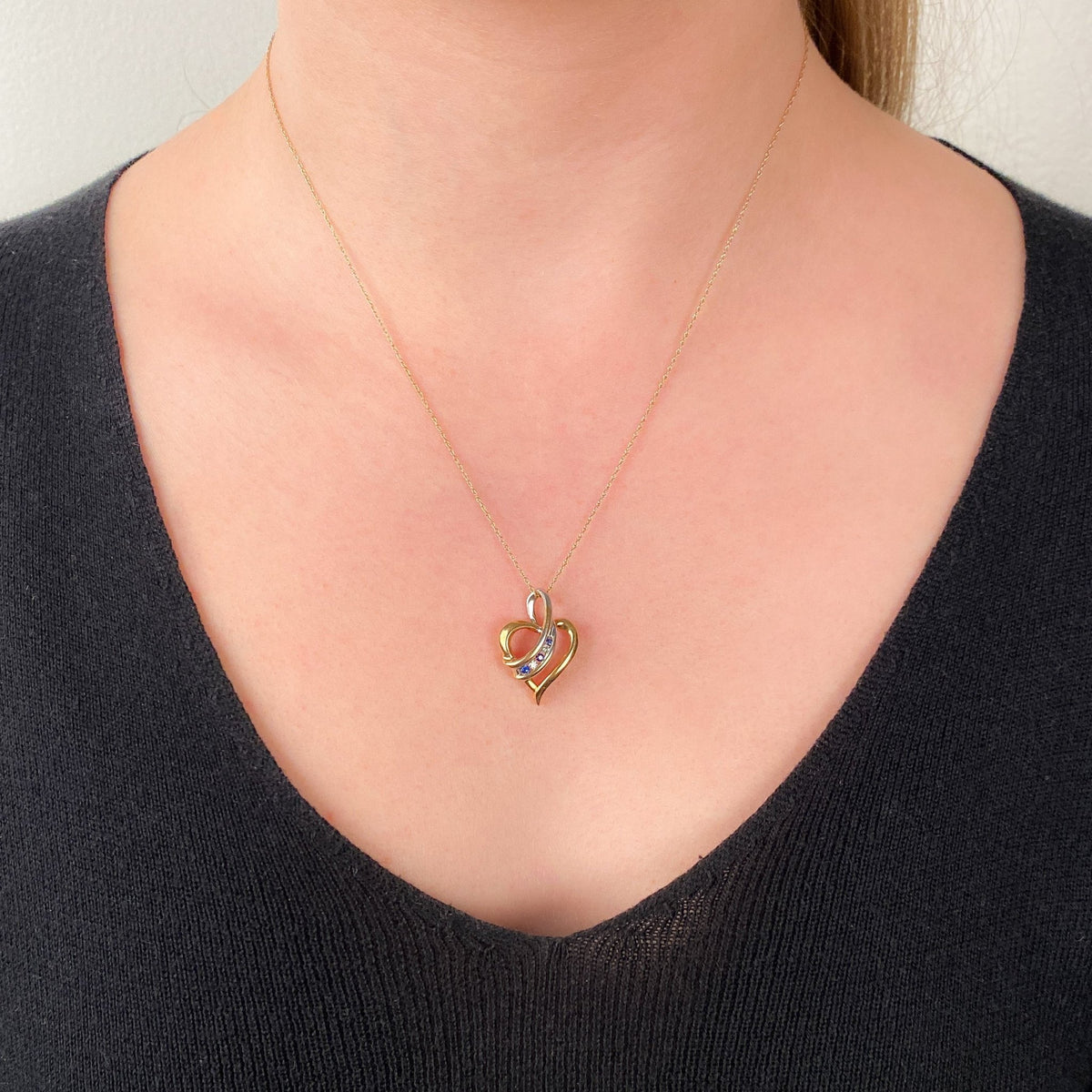 Vintage Sapphire and Diamond Heart Pendant of 10k Yellow and White Gold - Trademark Antiques