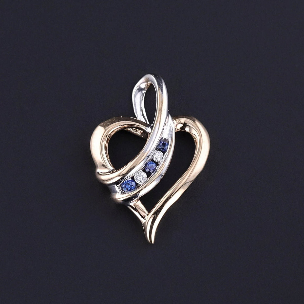 Vintage Sapphire and Diamond Heart Pendant of 10k Yellow and White Gold - Trademark Antiques