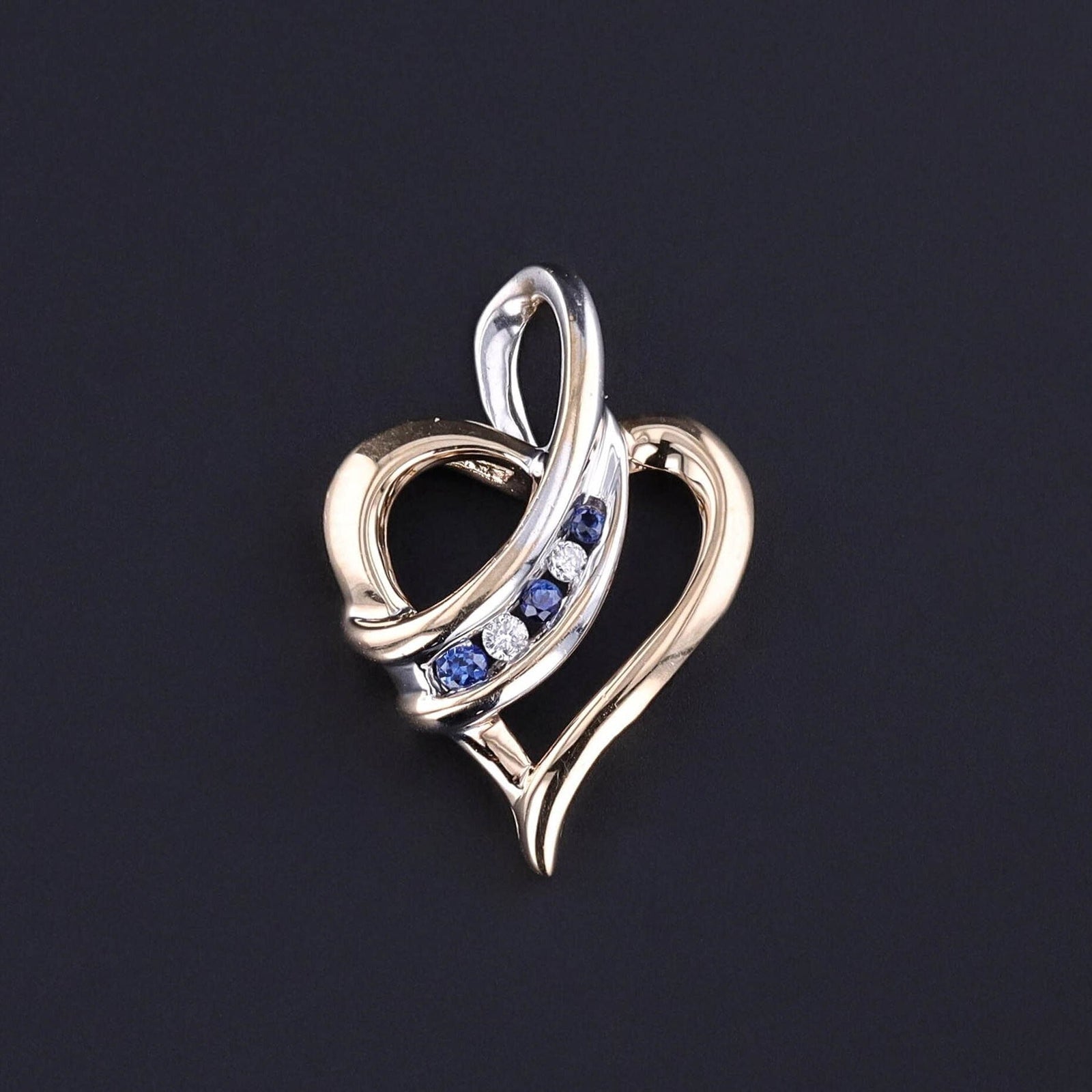 Vintage Sapphire and Diamond Heart Pendant of 10k Yellow and White Gold - Trademark Antiques
