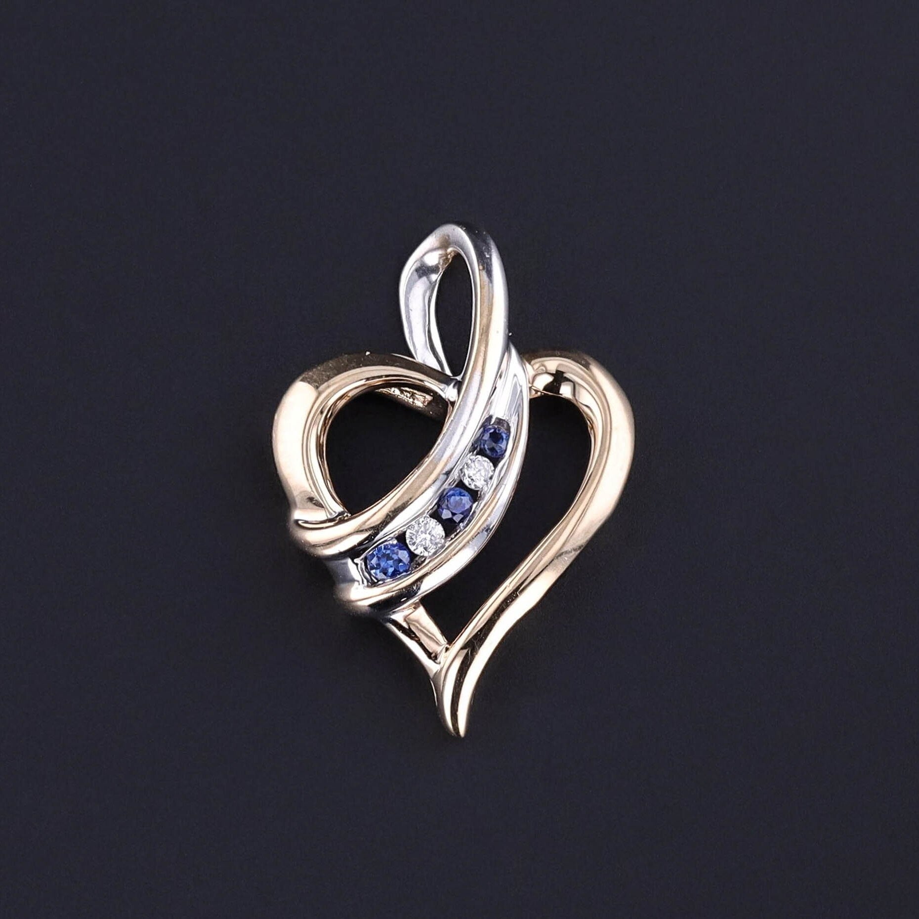 Vintage Sapphire and Diamond Heart Pendant of 10k Yellow and White Gold - Trademark Antiques