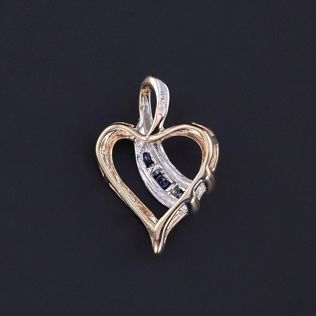 Vintage Sapphire and Diamond Heart Pendant of 10k Yellow and White Gold - Trademark Antiques