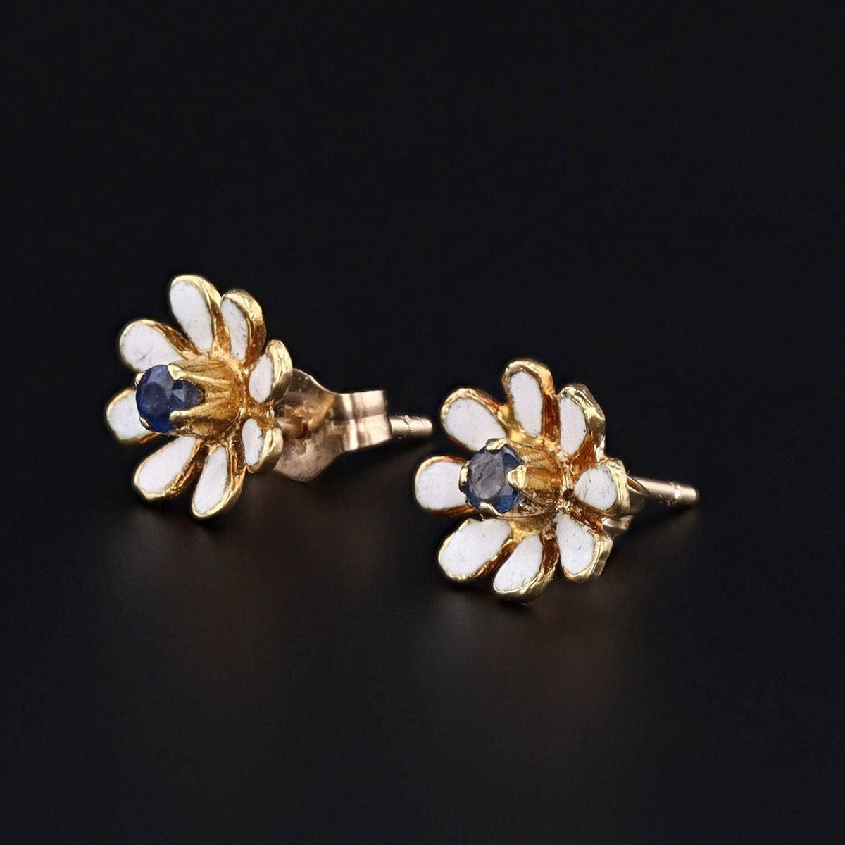 Vintage Sapphire and Enamel Flower Earrings of 14k Gold - Trademark Antiques