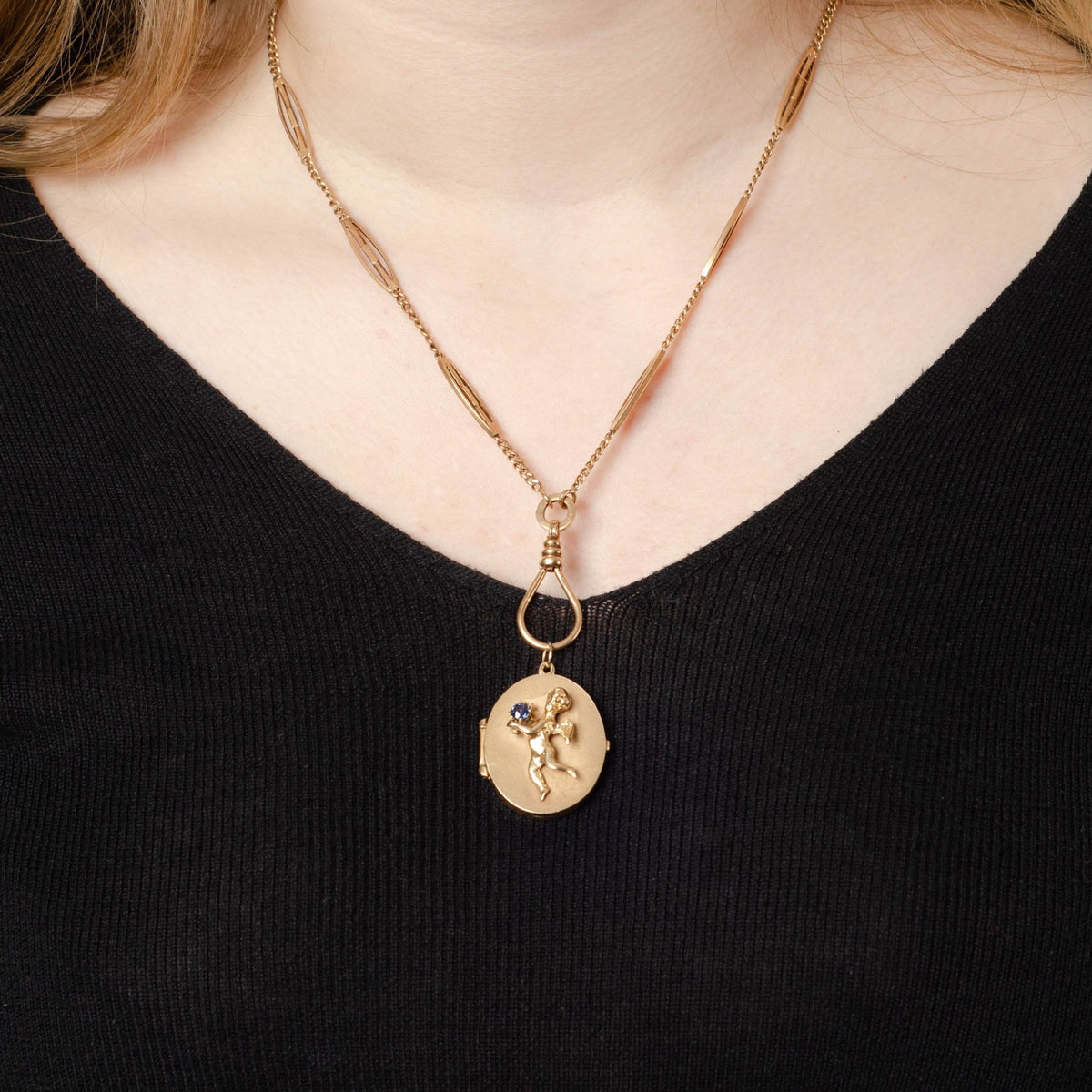 Vintage Sapphire Cherub Locket of 14k Gold - Trademark Antiques