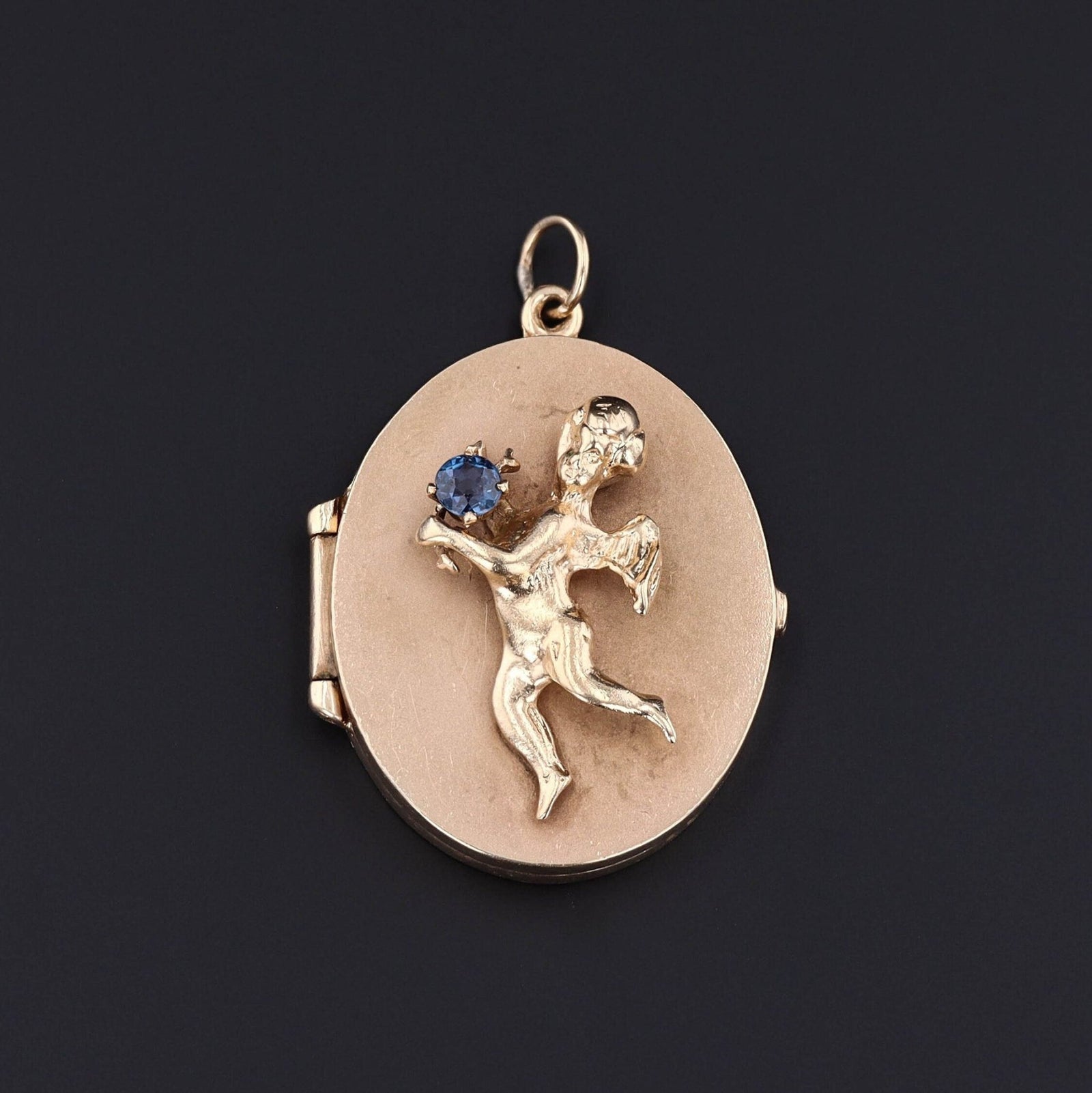 Vintage Sapphire Cherub Locket of 14k Gold - Trademark Antiques