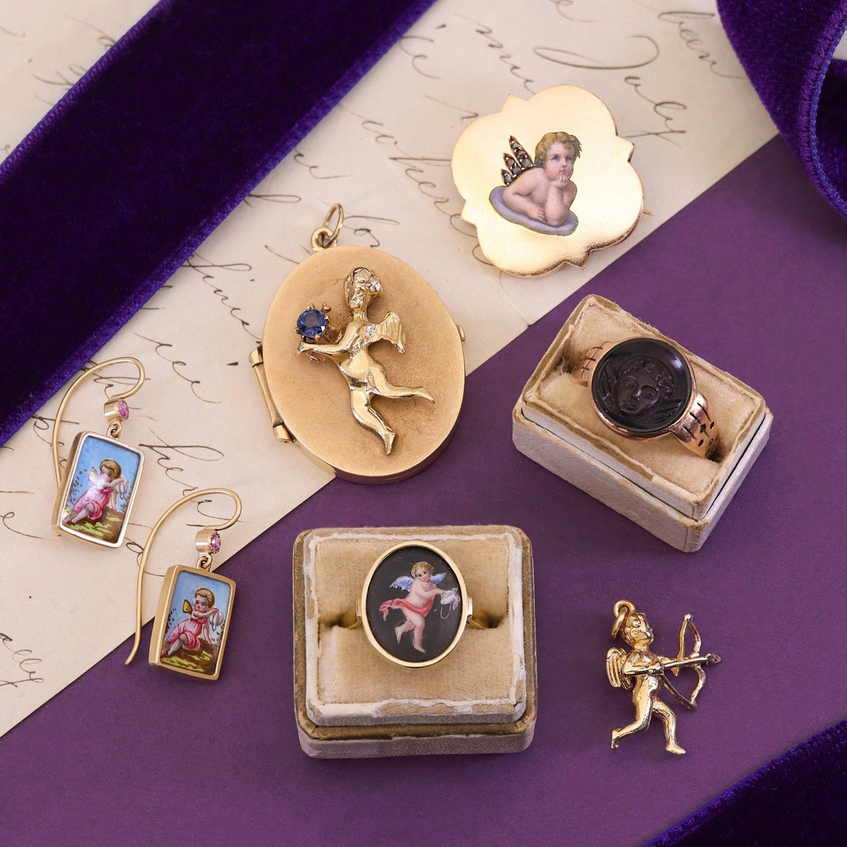 Vintage Sapphire Cherub Locket of 14k Gold - Trademark Antiques