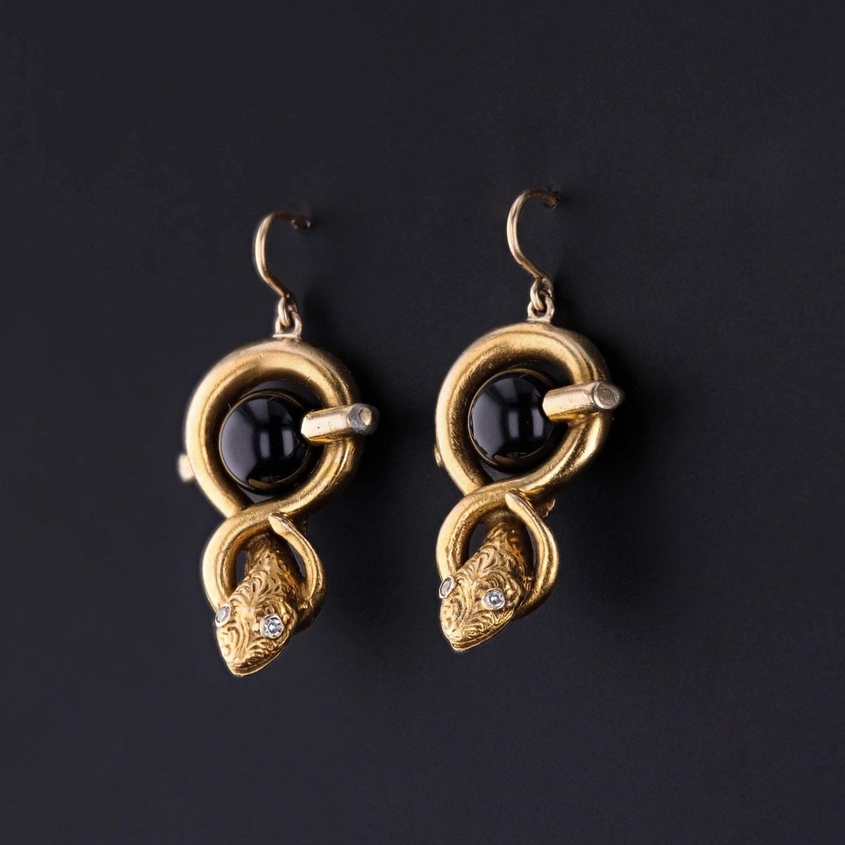 Vintage Snake Earrings of 14k Gold and Onyx - Trademark Antiques