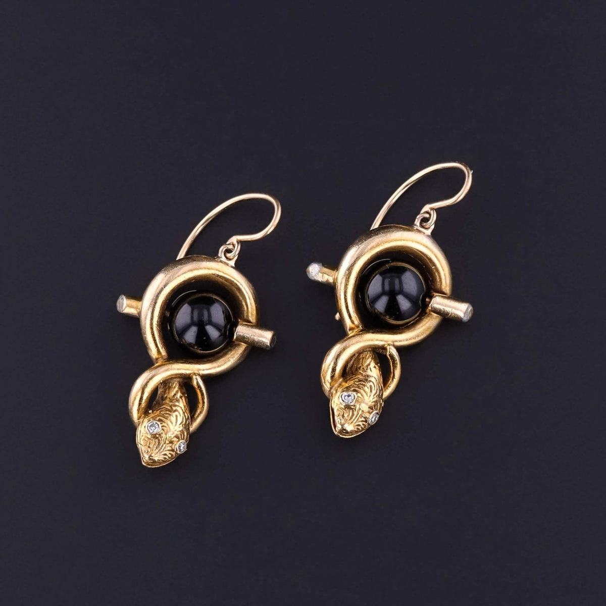 Vintage Snake Earrings of 14k Gold and Onyx - Trademark Antiques