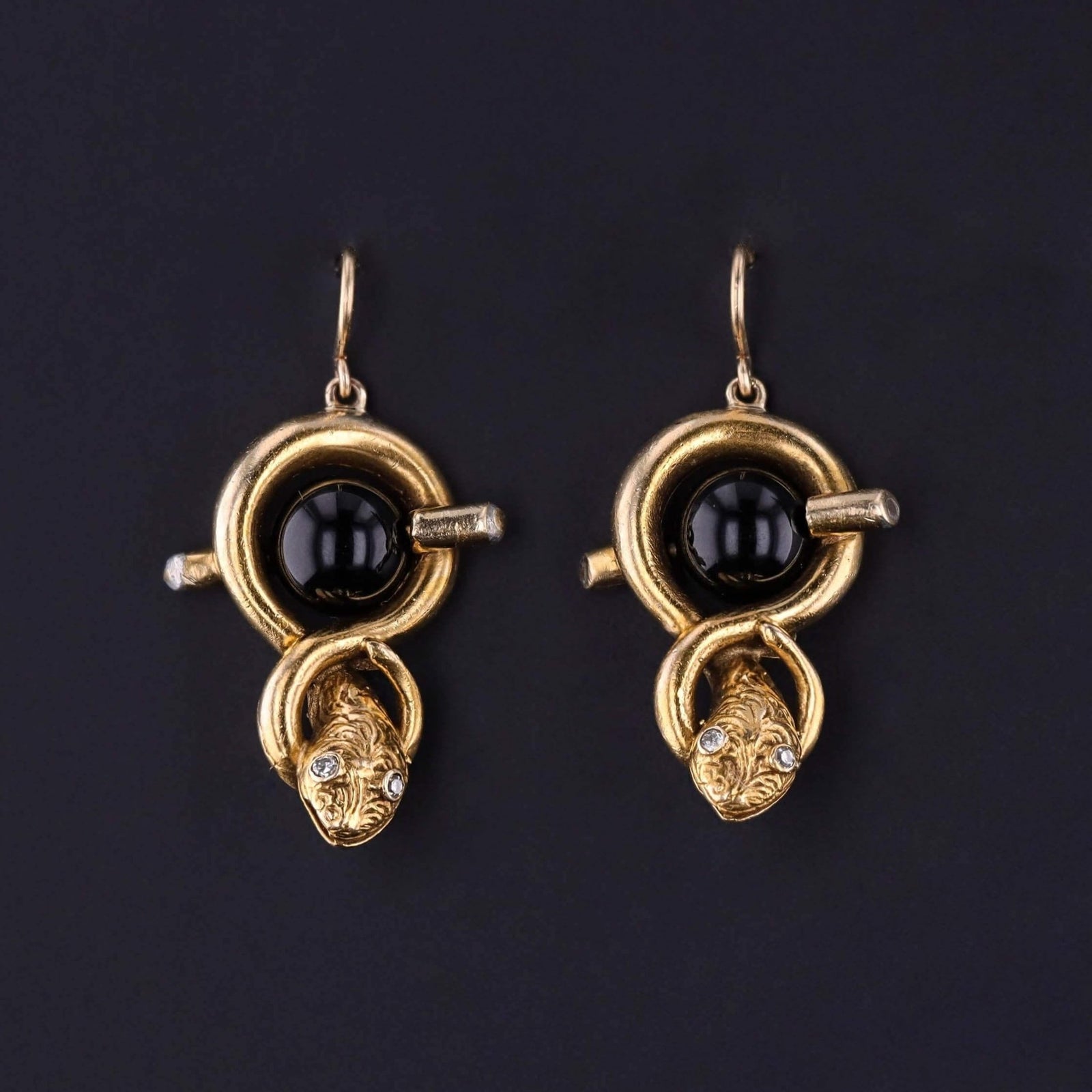 Vintage Snake Earrings of 14k Gold and Onyx - Trademark Antiques