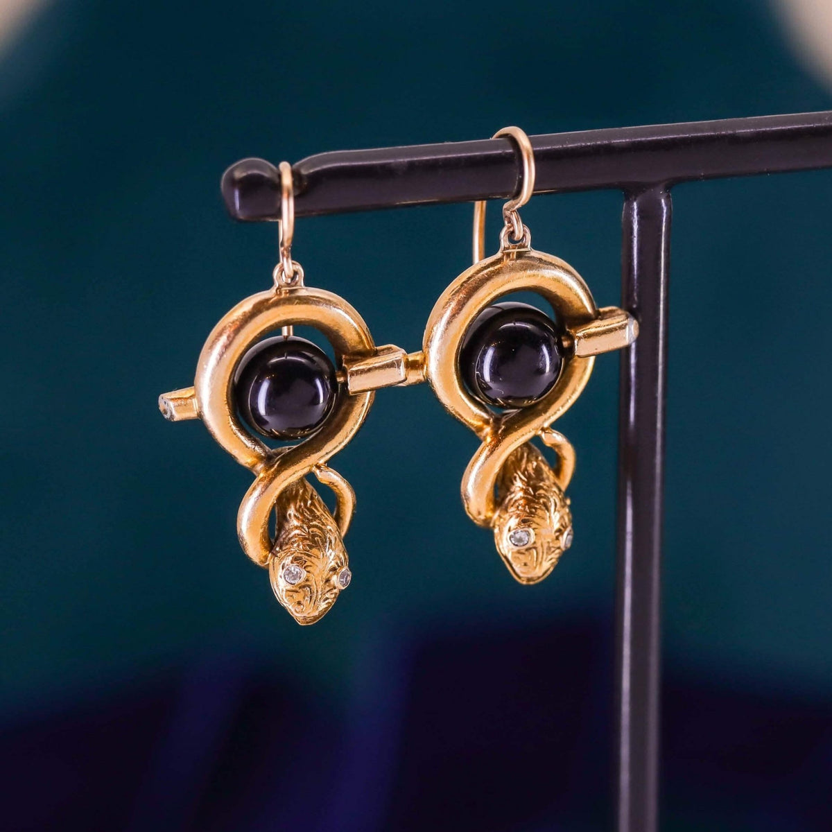Vintage Snake Earrings of 14k Gold and Onyx - Trademark Antiques