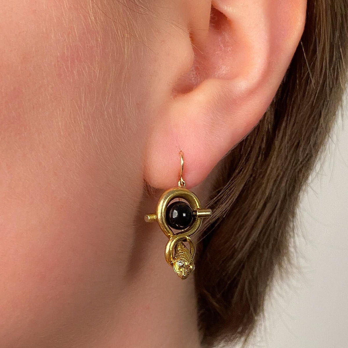 Vintage Snake Earrings of 14k Gold and Onyx - Trademark Antiques