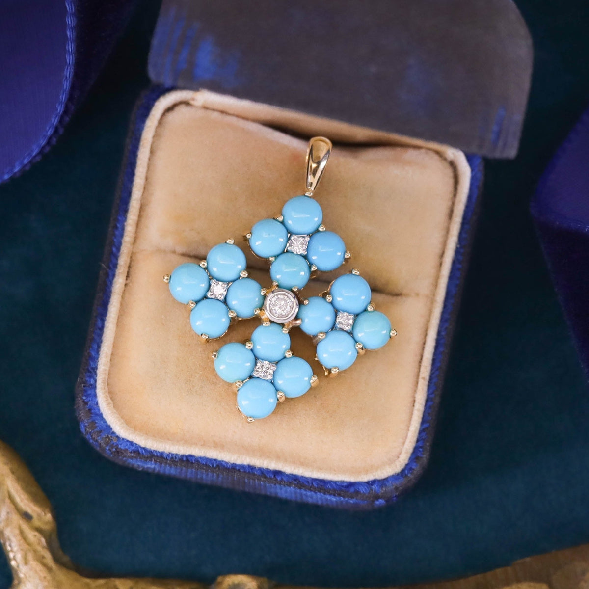 Vintage Turquoise and Diamond Pendant of 14k Gold - Trademark Antiques