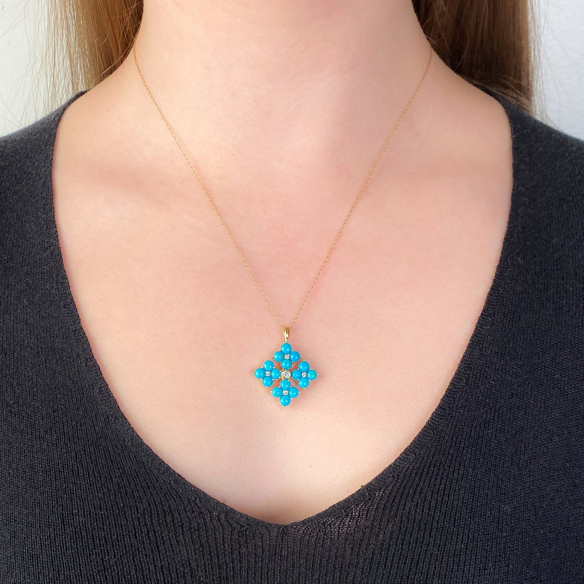 Vintage Turquoise and Diamond Pendant of 14k Gold - Trademark Antiques