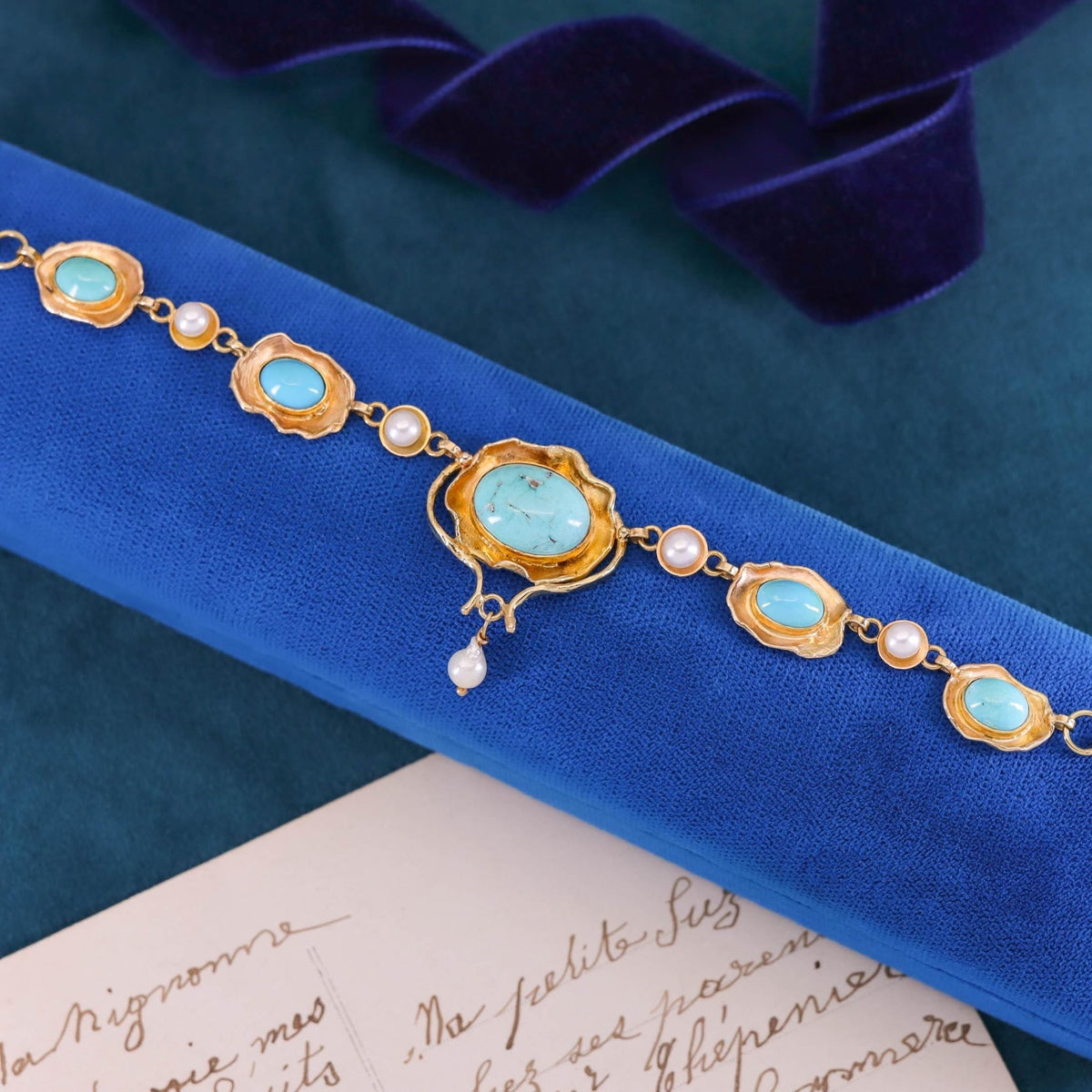 Vintage Turquoise and Pearl Necklace of 14k Gold - Trademark Antiques