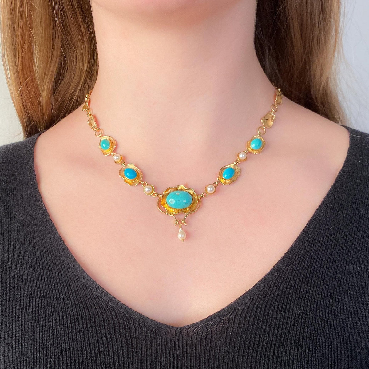 Vintage Turquoise and Pearl Necklace of 14k Gold - Trademark Antiques