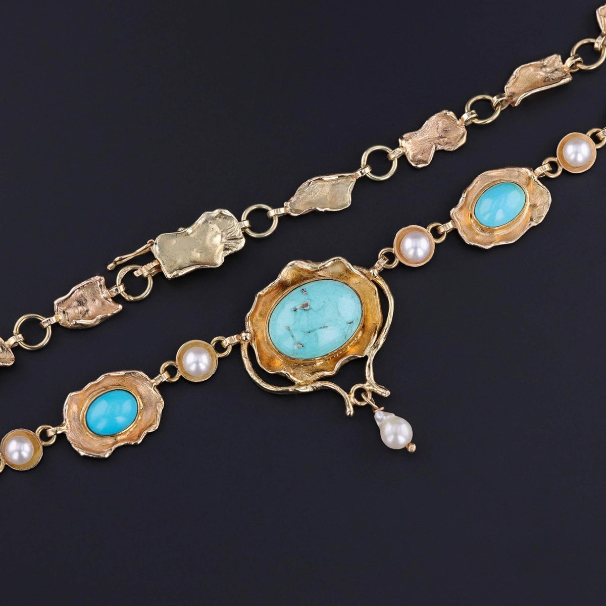 Vintage Turquoise and Pearl Necklace of 14k Gold - Trademark Antiques