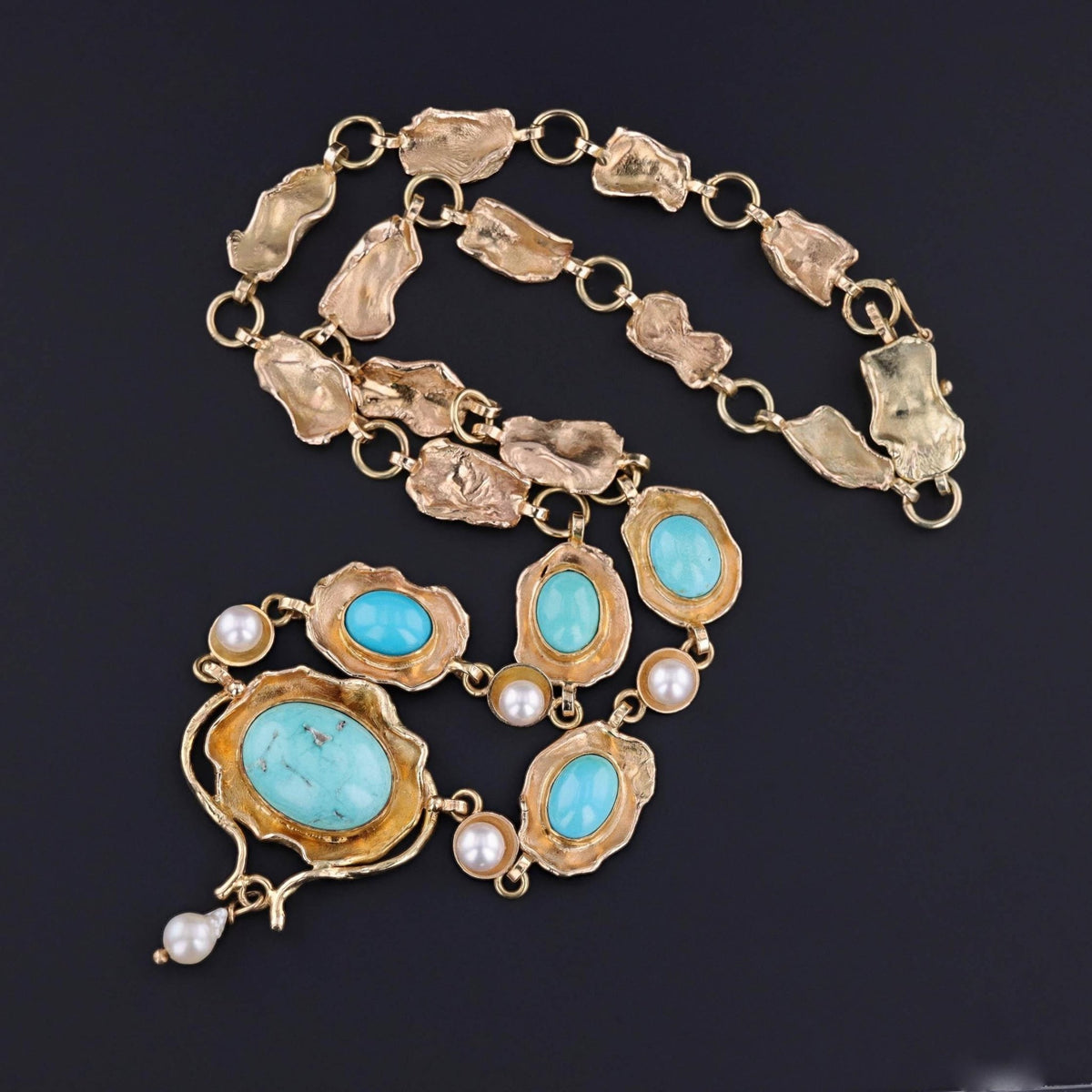 Vintage Turquoise and Pearl Necklace of 14k Gold - Trademark Antiques