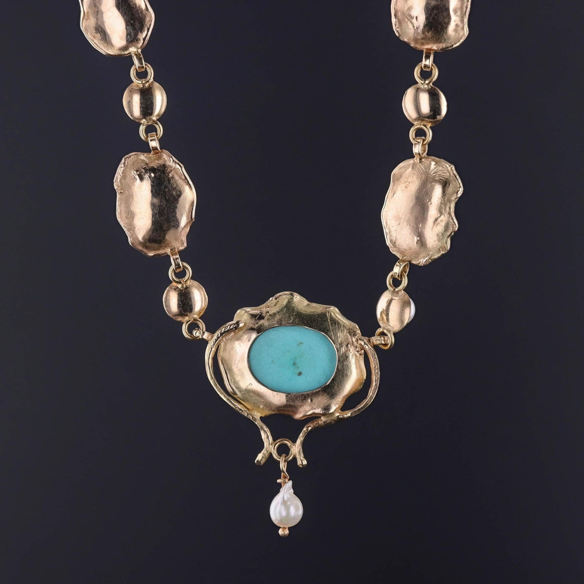Vintage Turquoise and Pearl Necklace of 14k Gold - Trademark Antiques