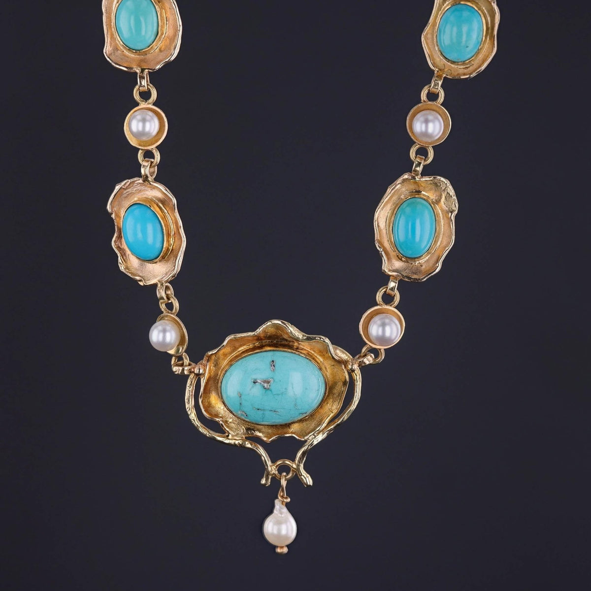 Vintage Turquoise and Pearl Necklace of 14k Gold - Trademark Antiques