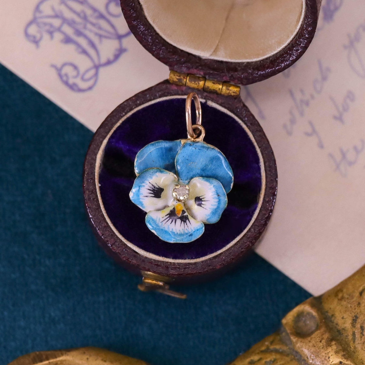 Vintage Turquoise Enamel Pansy Charm of 14k Gold - Trademark Antiques
