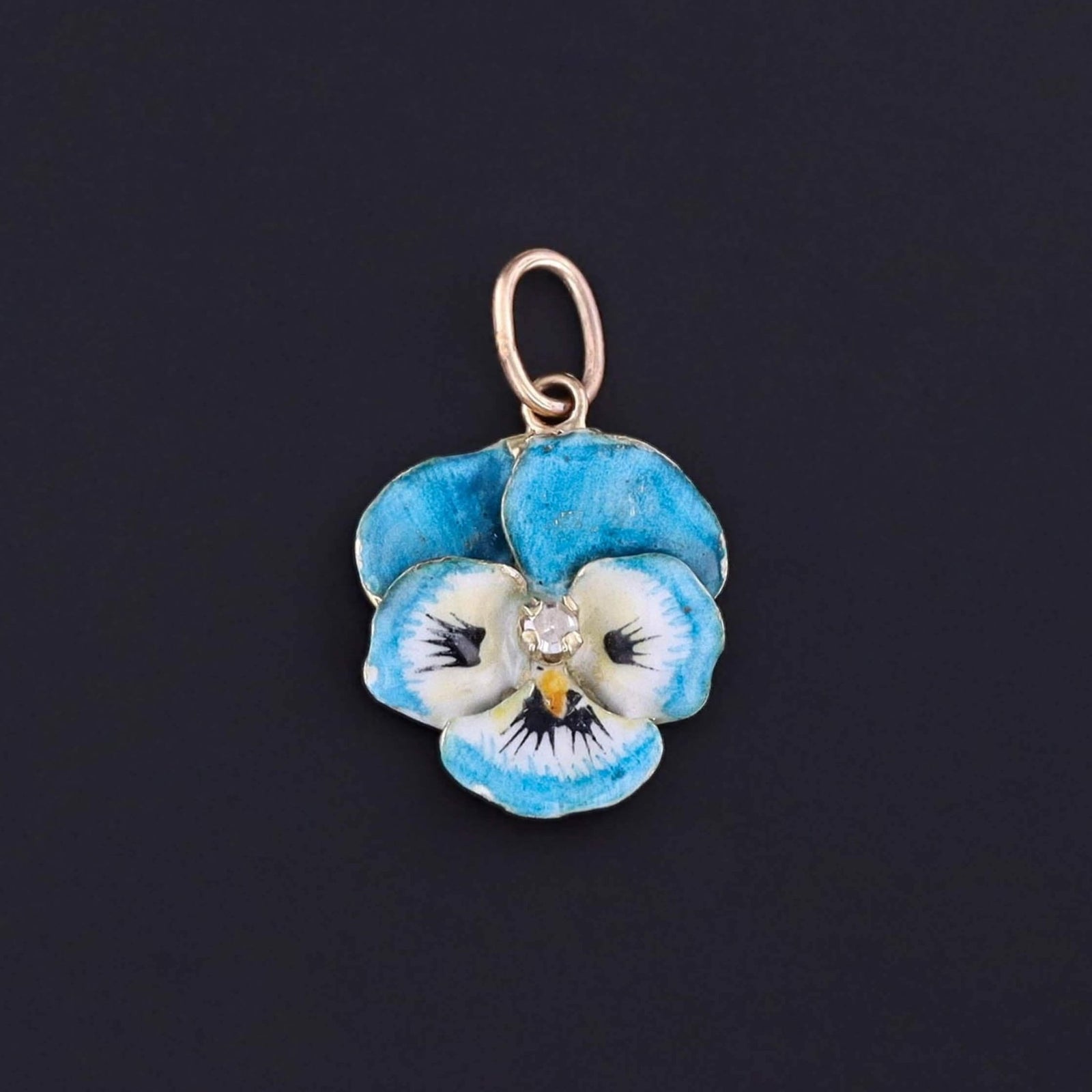 Vintage Turquoise Enamel Pansy Charm of 14k Gold - Trademark Antiques