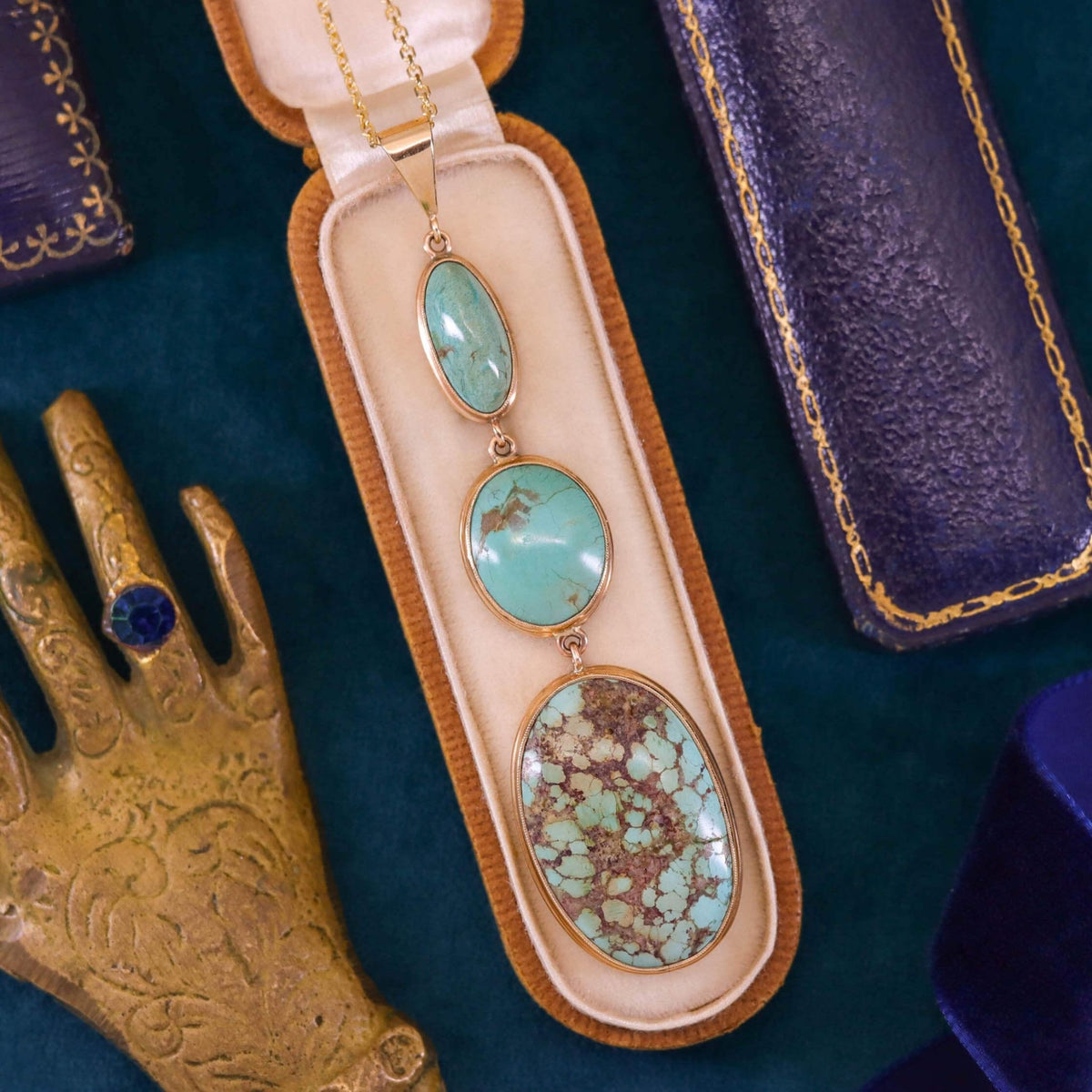 Vintage Turquoise Pendant of 10k Gold on 14k Gold Chain - Trademark Antiques