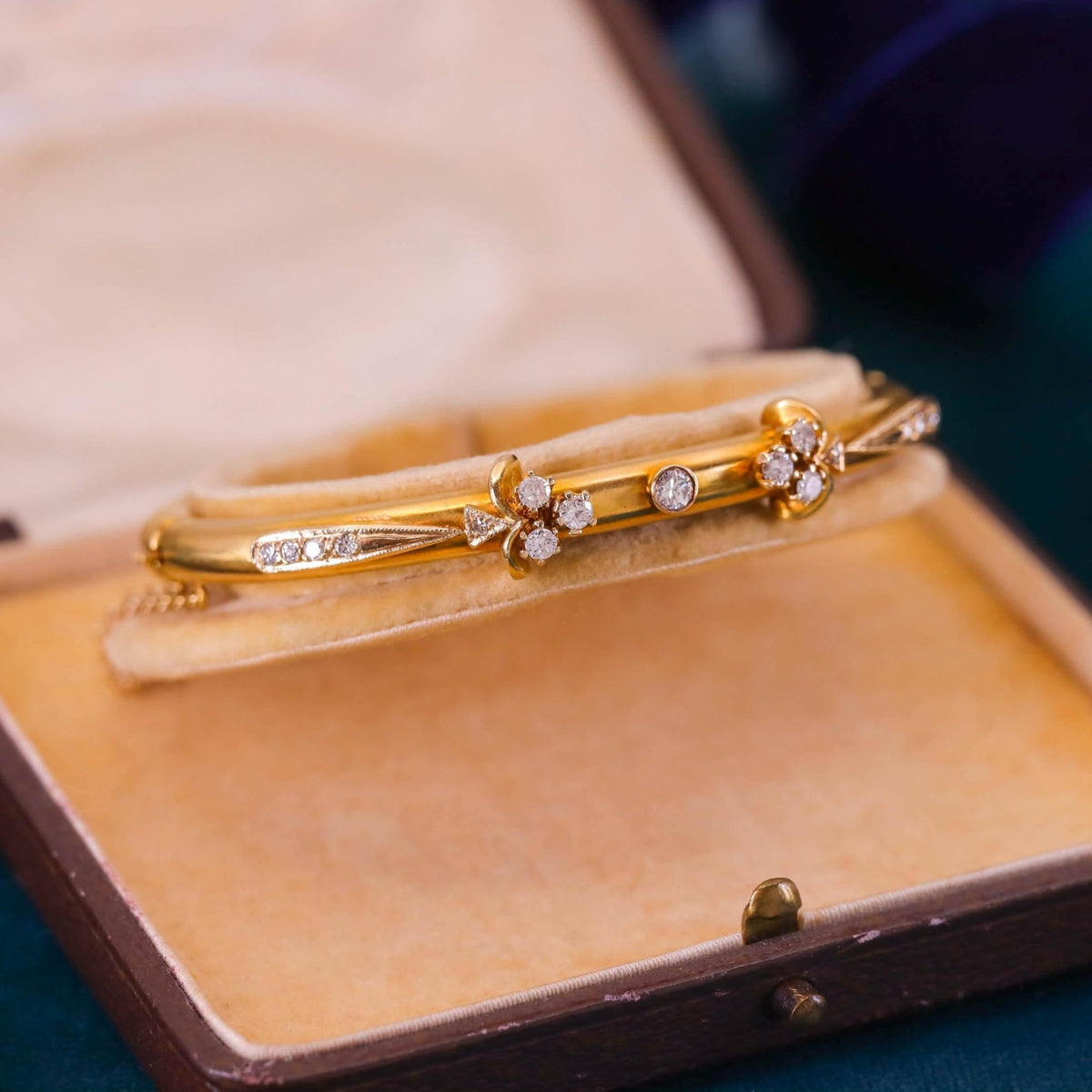 Vintage Victorian Revival Bangle Bracelet of 14k Gold and Diamond - Trademark Antiques