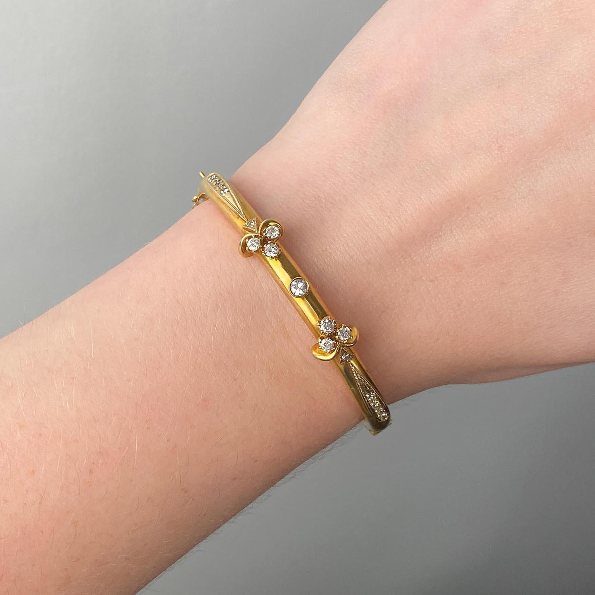 Vintage Victorian Revival Bangle Bracelet of 14k Gold and Diamond - Trademark Antiques