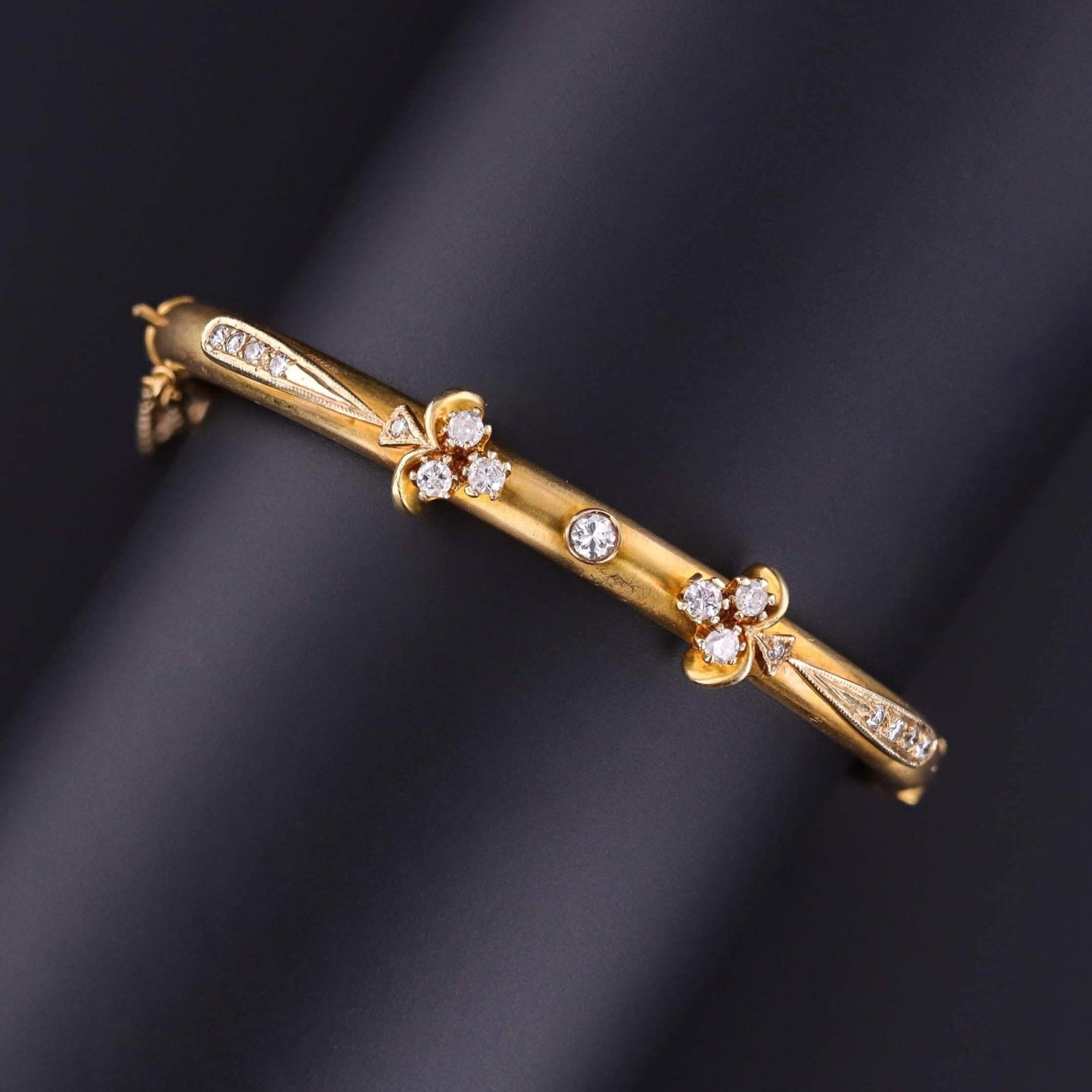 Vintage Victorian Revival Bangle Bracelet of 14k Gold and Diamond - Trademark Antiques