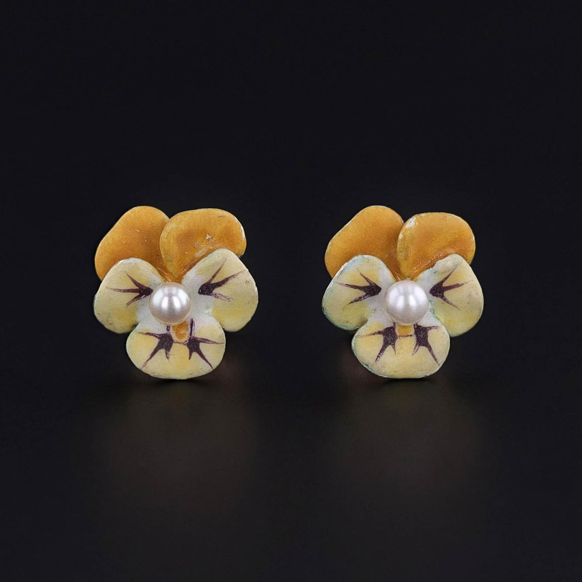 Vintage Yellow Enamel Pansy Earrings of 14k Gold - Trademark Antiques