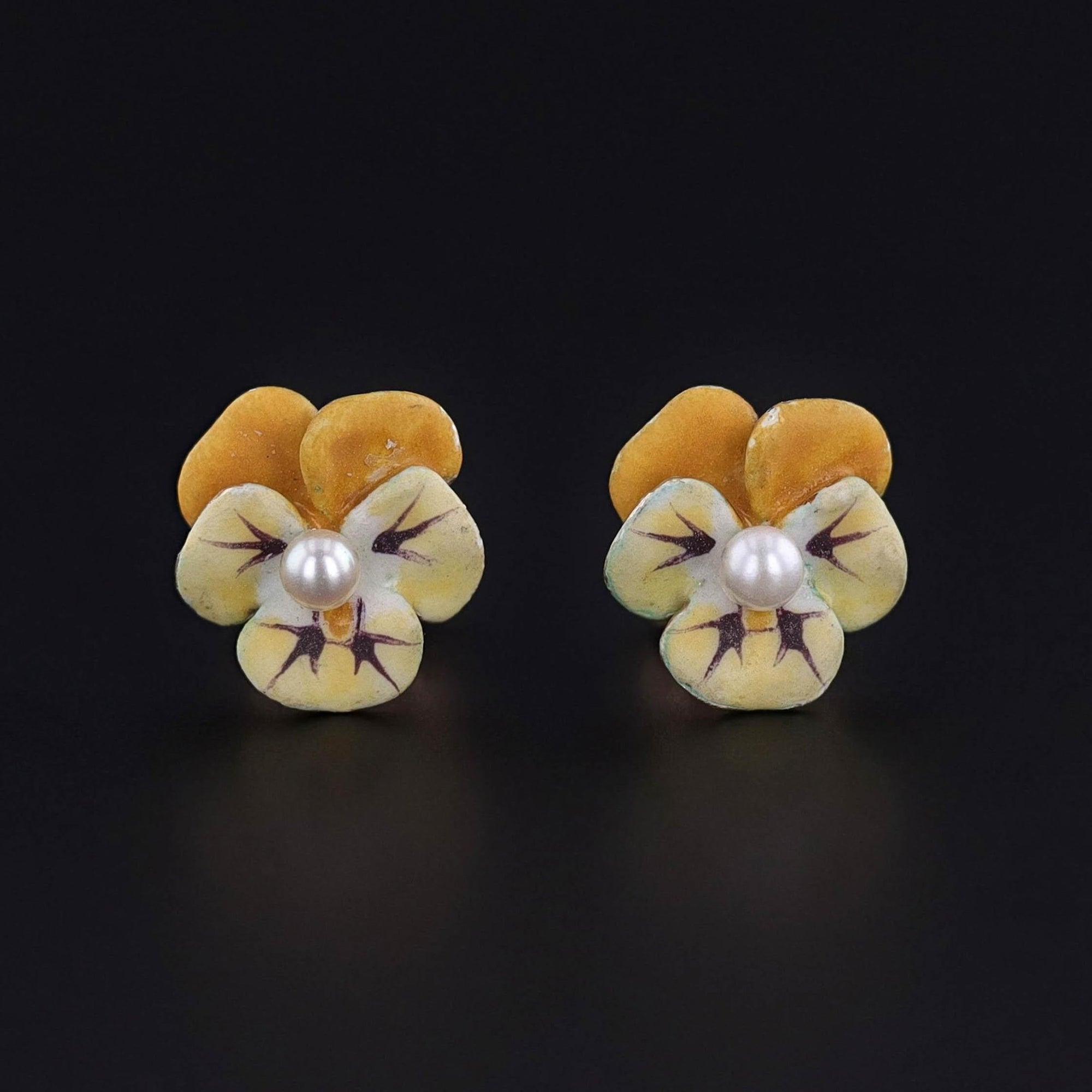 Vintage Yellow Enamel Pansy Earrings of 14k Gold - Trademark Antiques
