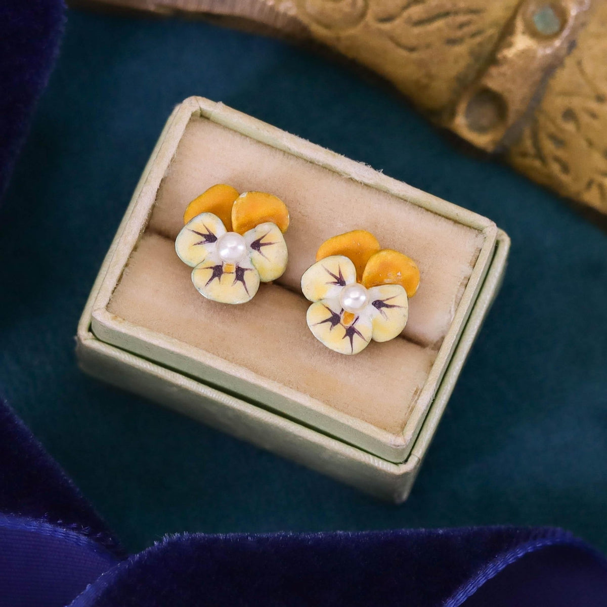 Vintage Yellow Enamel Pansy Earrings of 14k Gold - Trademark Antiques
