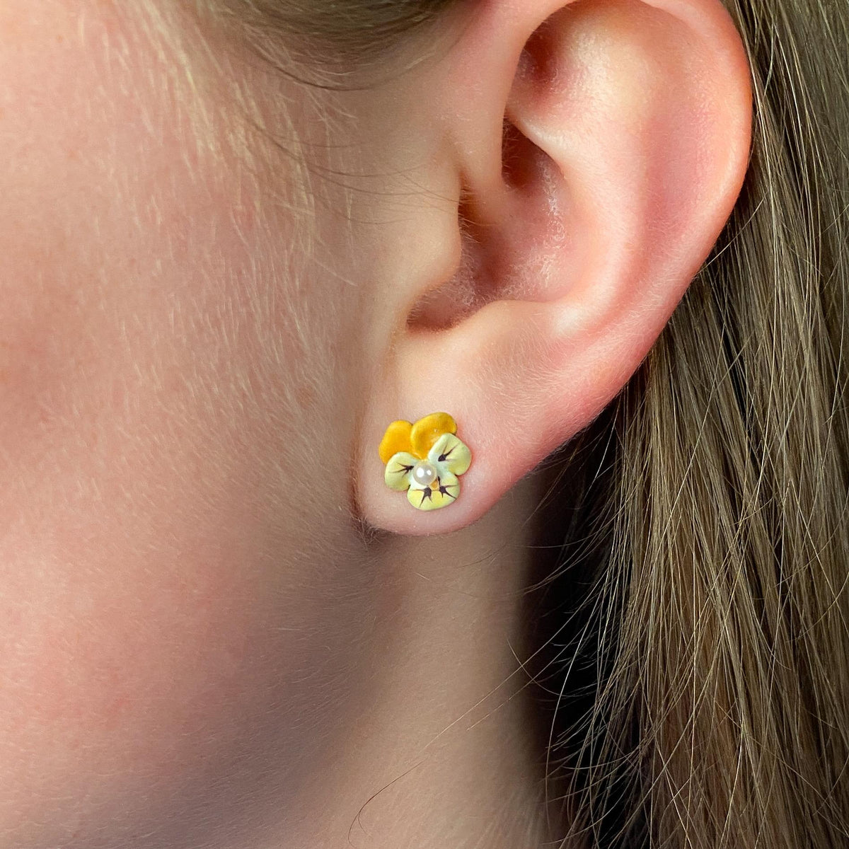 Vintage Yellow Enamel Pansy Earrings of 14k Gold - Trademark Antiques