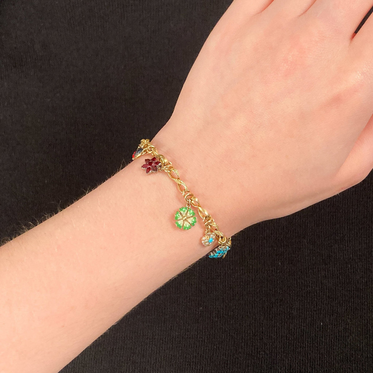 10k Gold Charm Bracelet with 10 Gemstone and Enamel Charms - Trademark Antiques