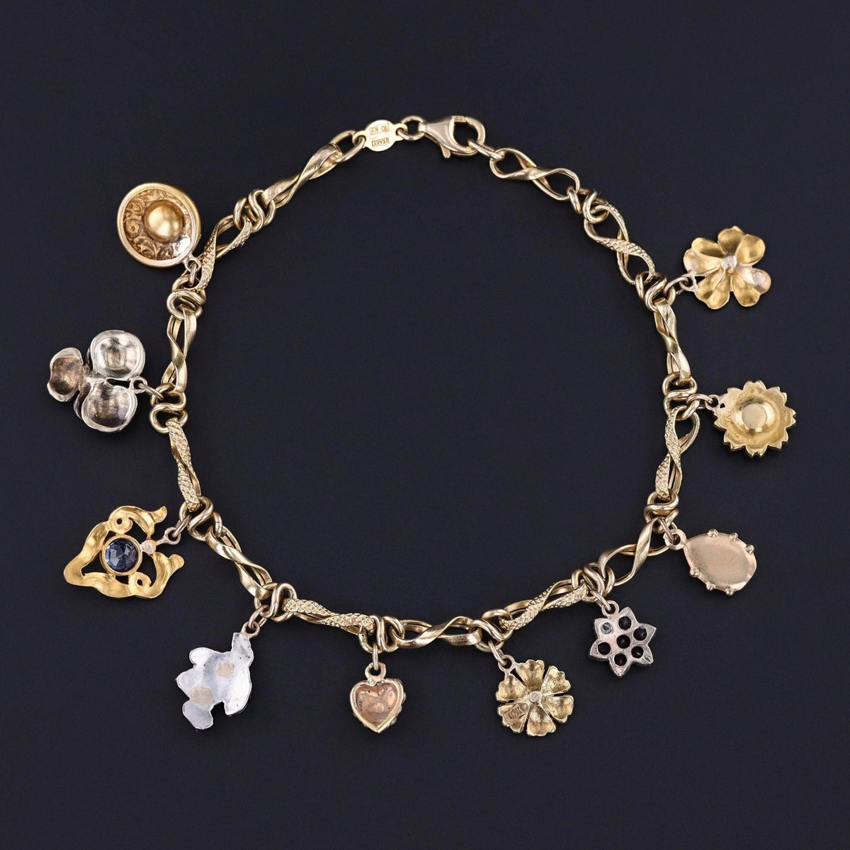 10k Gold Charm Bracelet with 10 Gemstone and Enamel Charms - Trademark Antiques