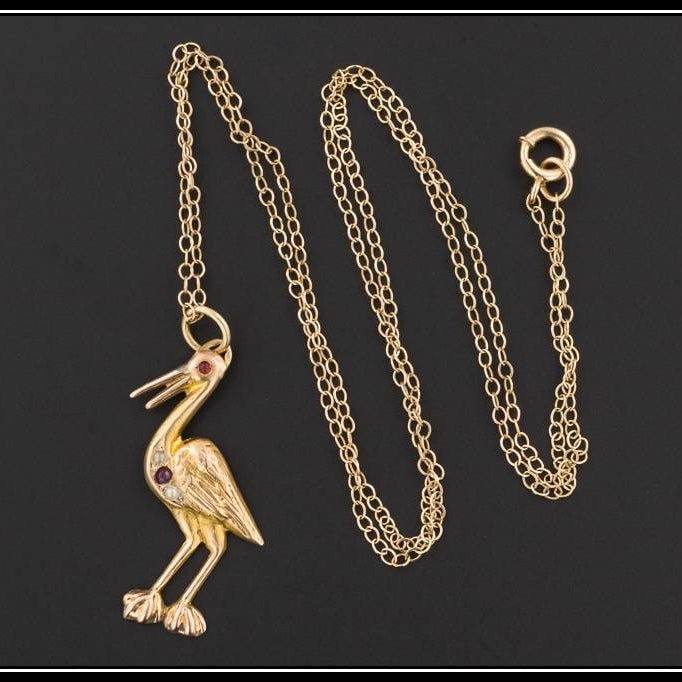 10k Gold Crane Pendant or Charm with an Optional 14k Chain | Antique Pin Conversion Charm - Trademark Antiques