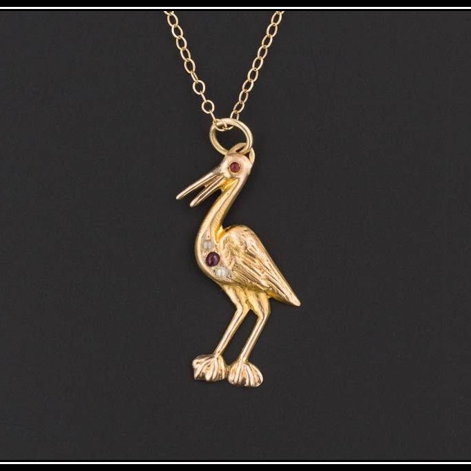 10k Gold Crane Pendant or Charm with an Optional 14k Chain | Antique Pin Conversion Charm - Trademark Antiques