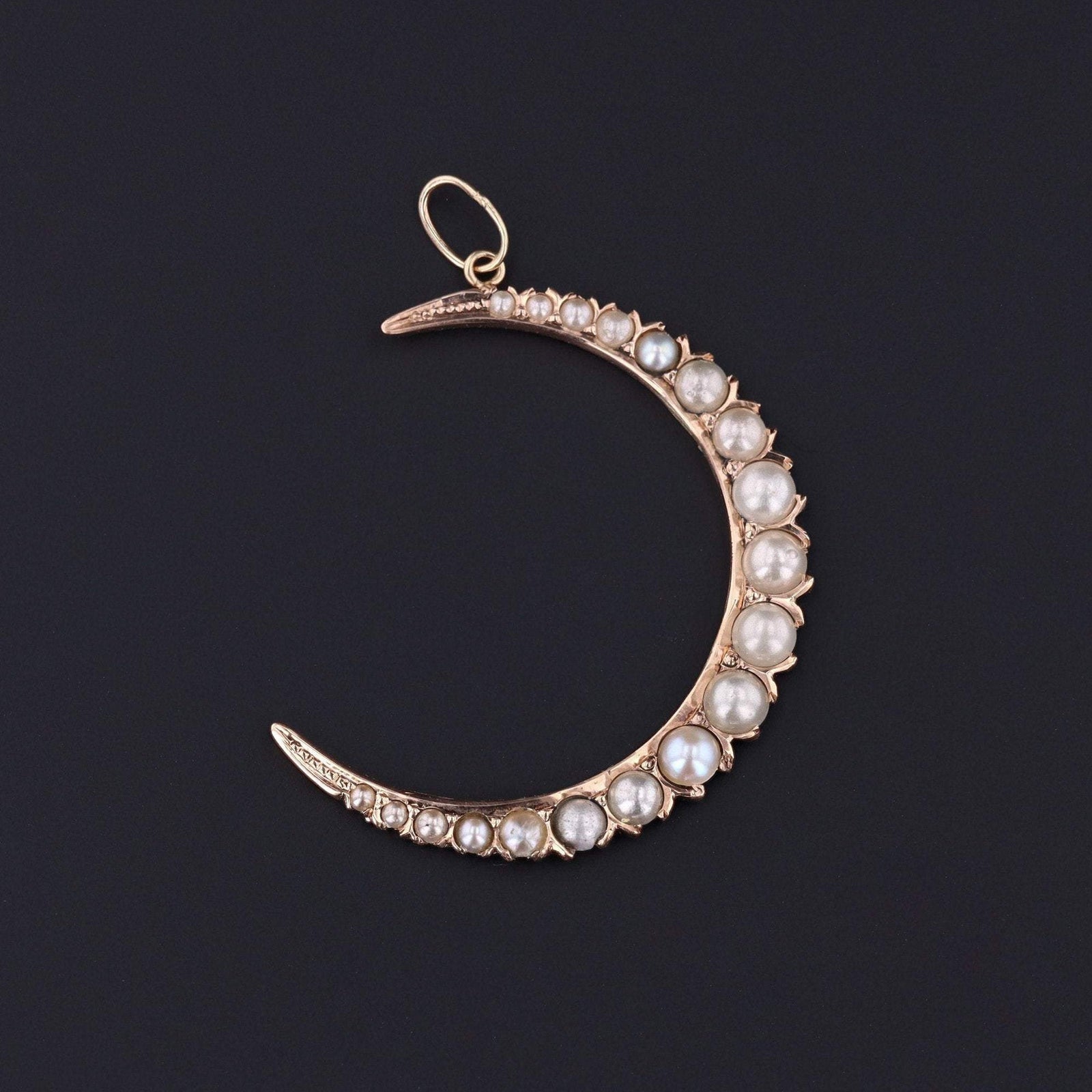 10k Gold Crescent Moon Pendant | Simulated Pearl Crescent Pendant - Trademark Antiques