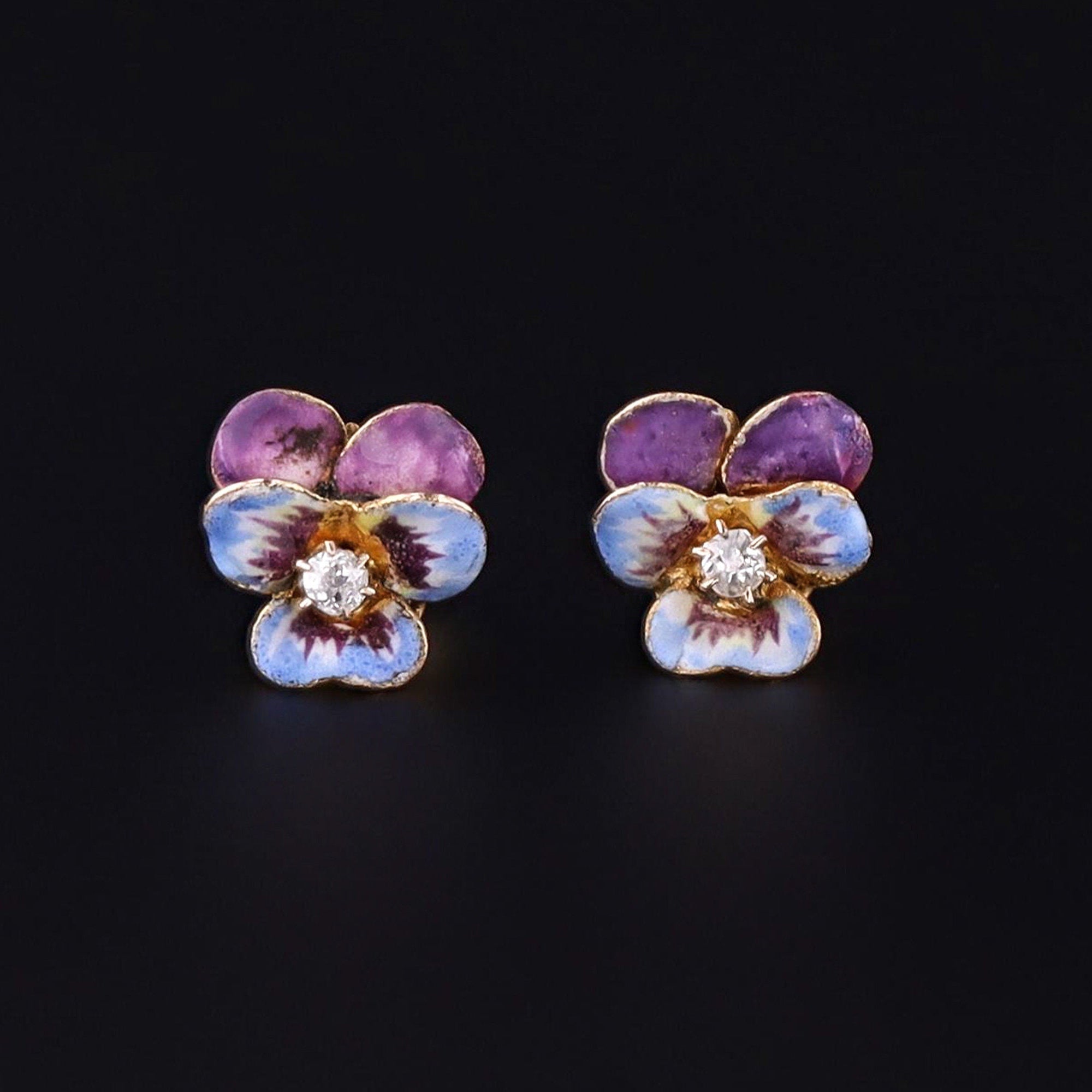 10k Gold & Enamel Pansy Earrings | Antique Earrings - Trademark Antiques