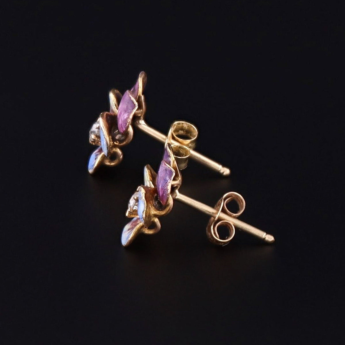 10k Gold &amp; Enamel Pansy Earrings | Antique Earrings - Trademark Antiques