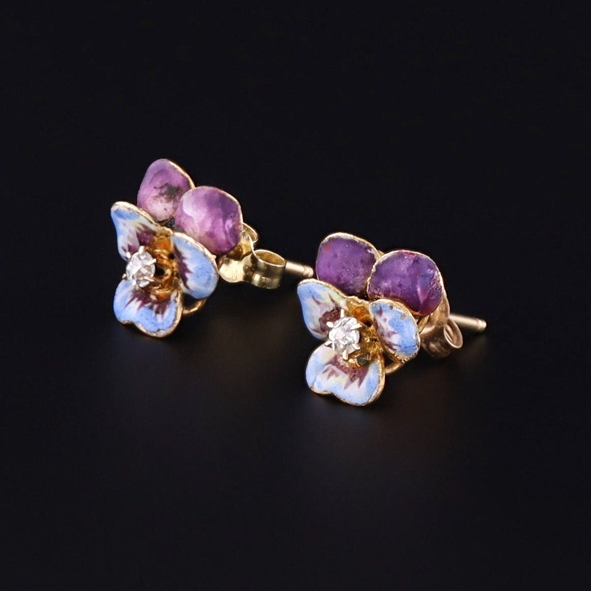 10k Gold &amp; Enamel Pansy Earrings | Antique Earrings - Trademark Antiques